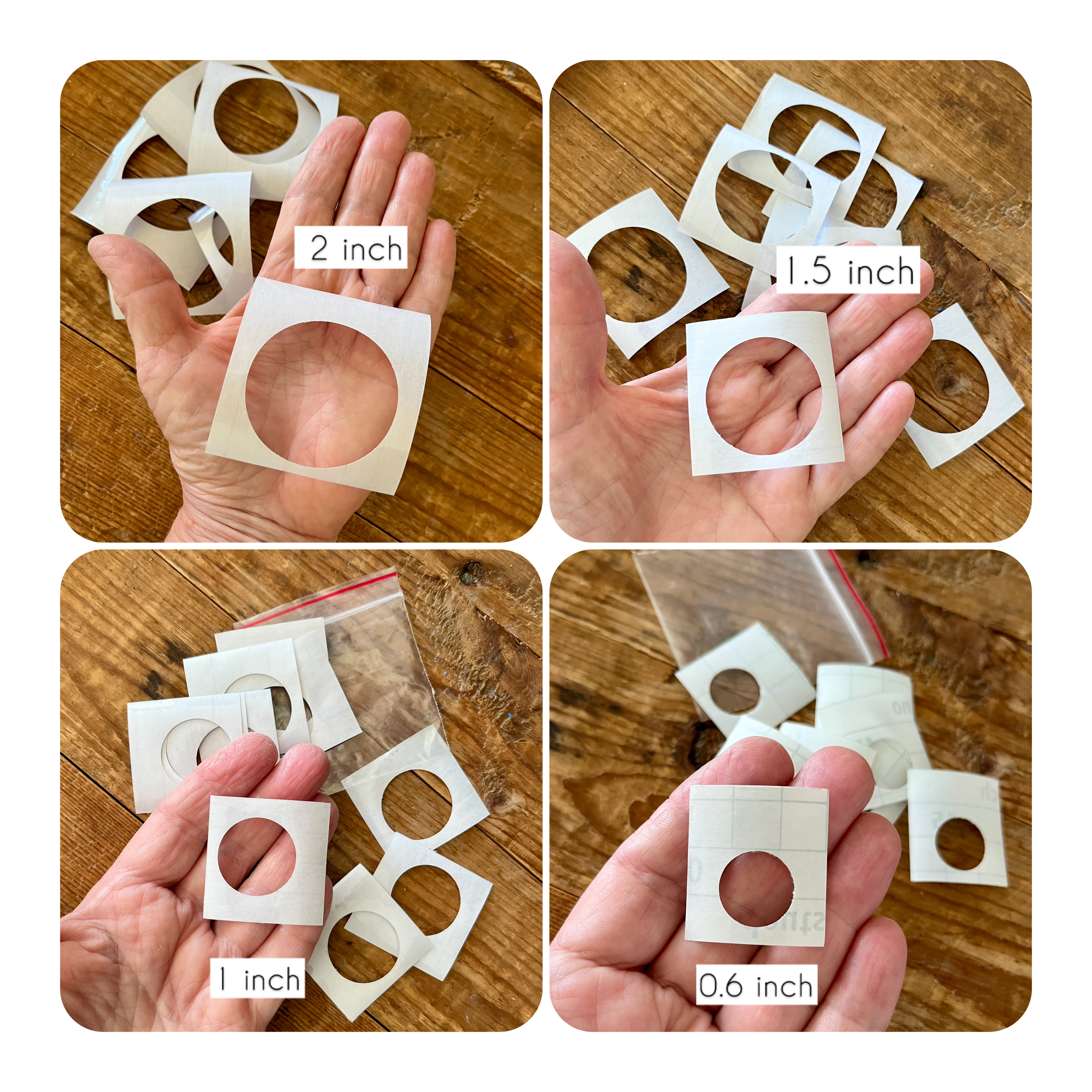 Clear tape circle template set No 2 -  0.6, 1, 1.5 and 2 inch x 10 of each