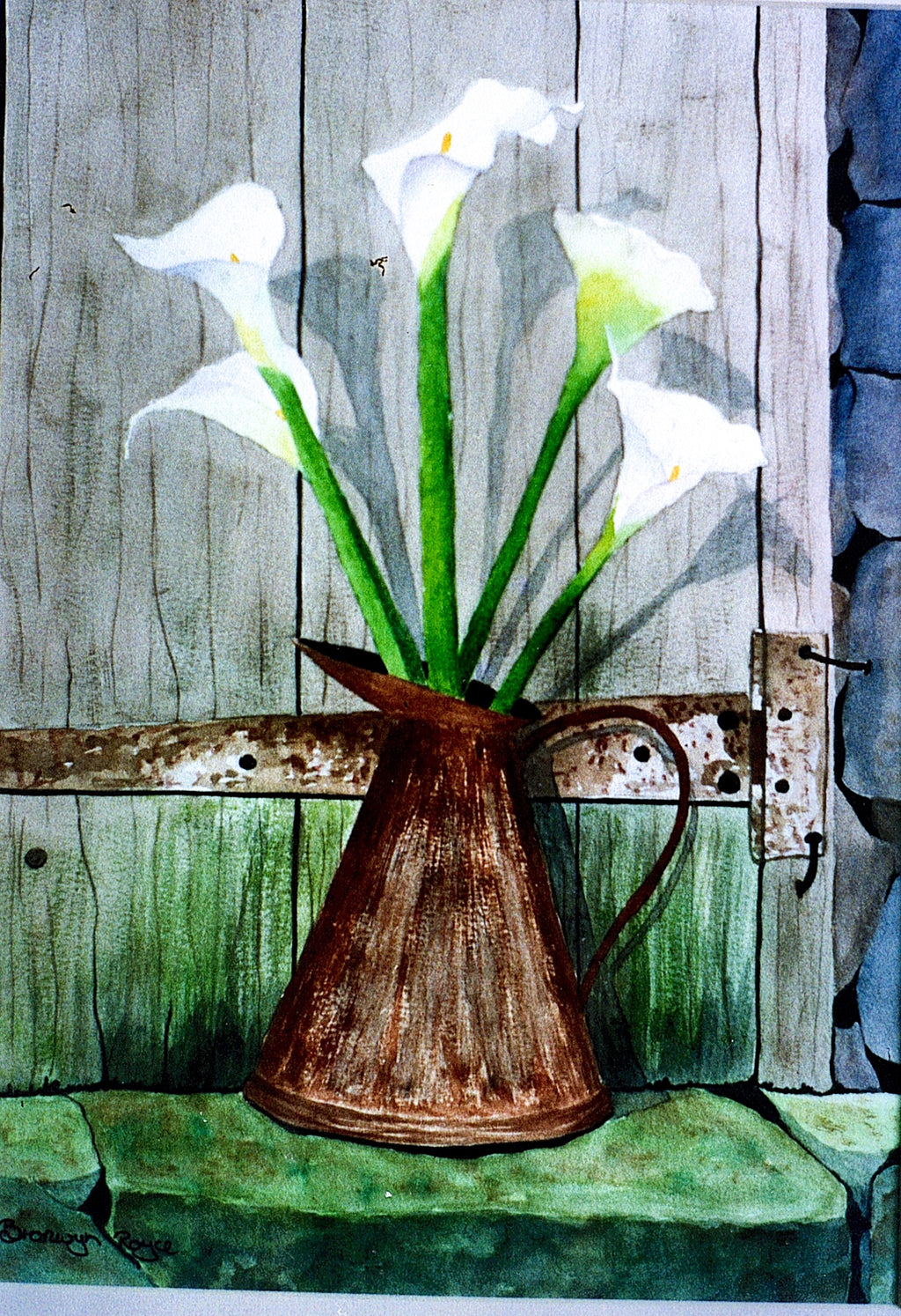 Arums in copper jug